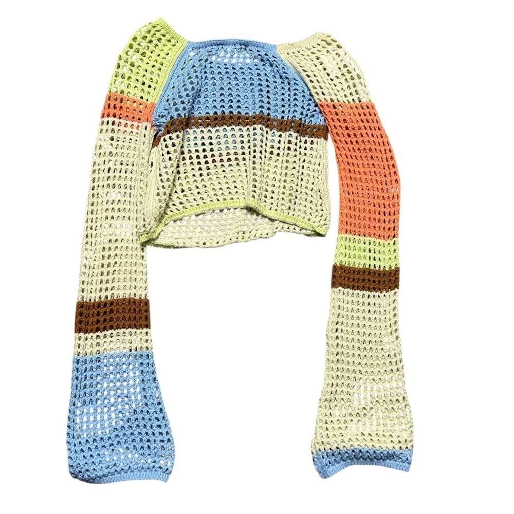 NWOT Urban Outfitters Y2K Crochet Color Block Bell Sleeve Crop Top Festival - Picture 3 of 6